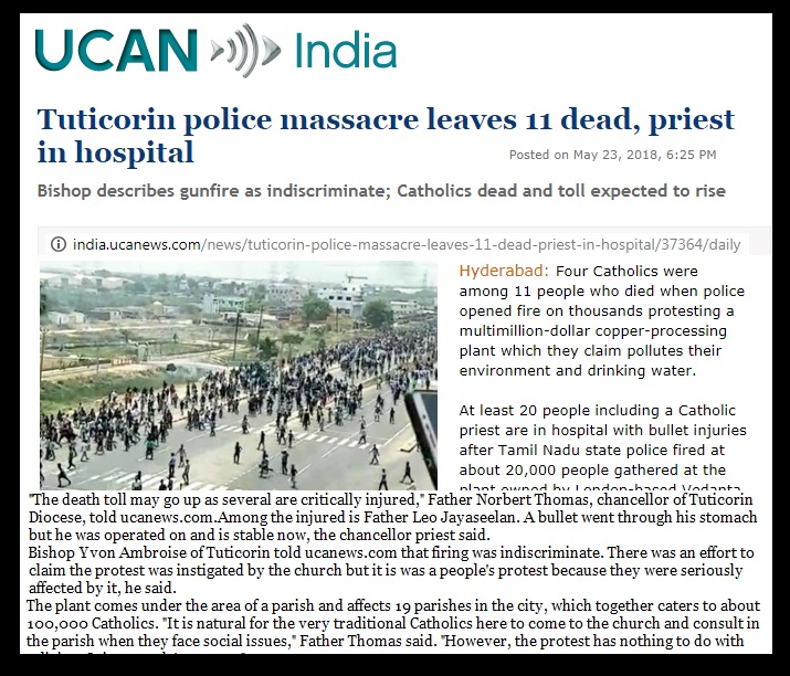 Tuticorin - UCA news Catholic killed changed to massacre - 23-05-2018