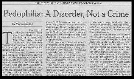 Pedophilia is not a crime, it is mental disorder 2014 NY times
